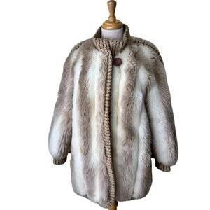 COUNTRY PACER Vintage Fur Coat Sweater Knit Cuffs Hem  Tan Size 10